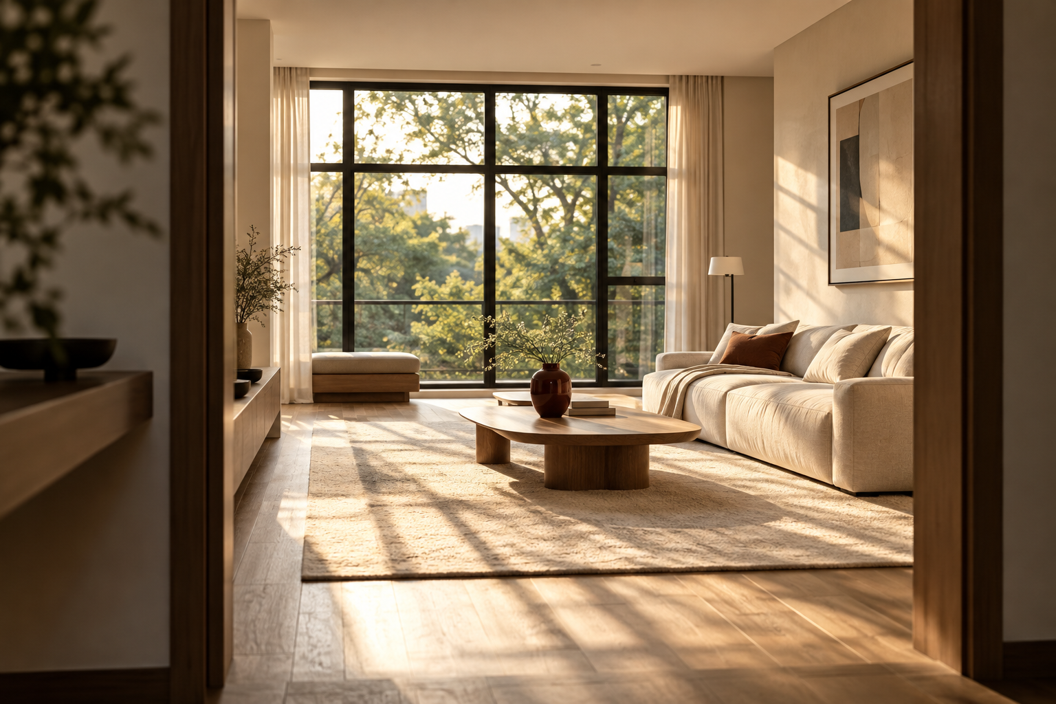 따뜻한 햇살과 우드 소재의 거실. AI 공간 연출 이미지이며 실제 매물이 아닙니다.